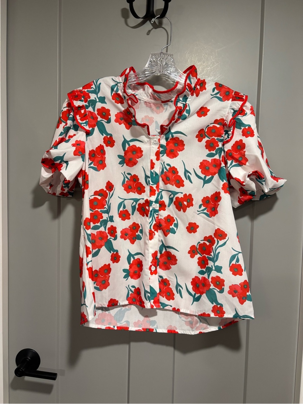 Women's Floral Ruffle-Trim Button Front Top - White with Red Floral